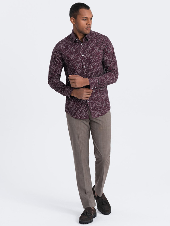 Ombre Clothing Vínová pánská vzorovaná slim fit košile Ombre Clothing