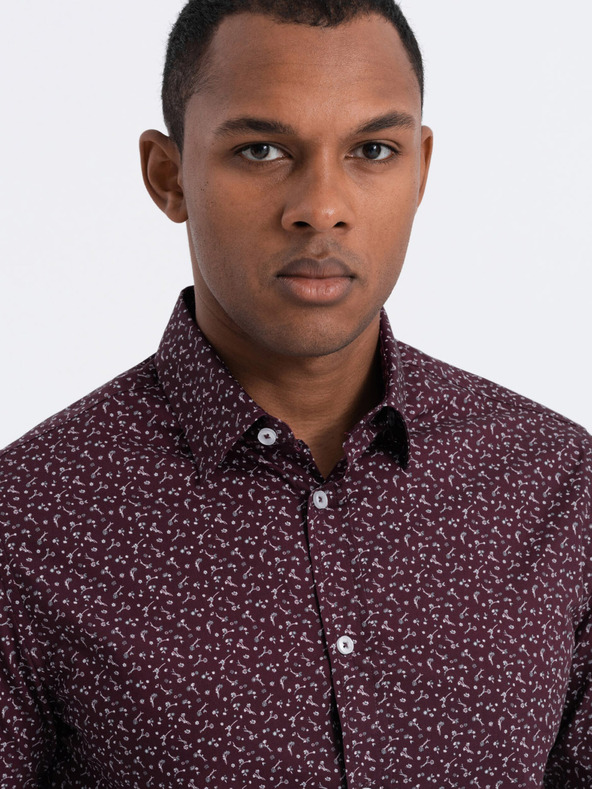 Ombre Clothing Vínová pánská vzorovaná slim fit košile Ombre Clothing
