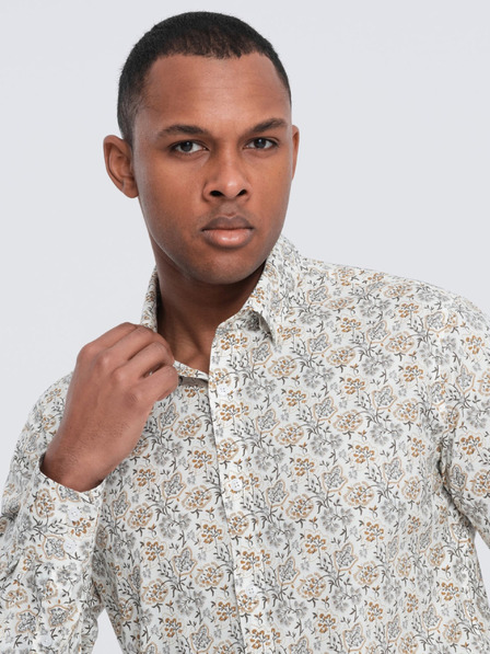 Ombre Clothing Béžová pánská vzorovaná slim fit košile Ombre Clothing