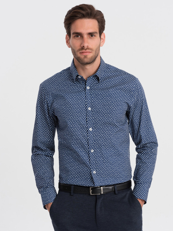 Ombre Clothing Modrá pánská vzorovaná slim fit košile Ombre Clothing