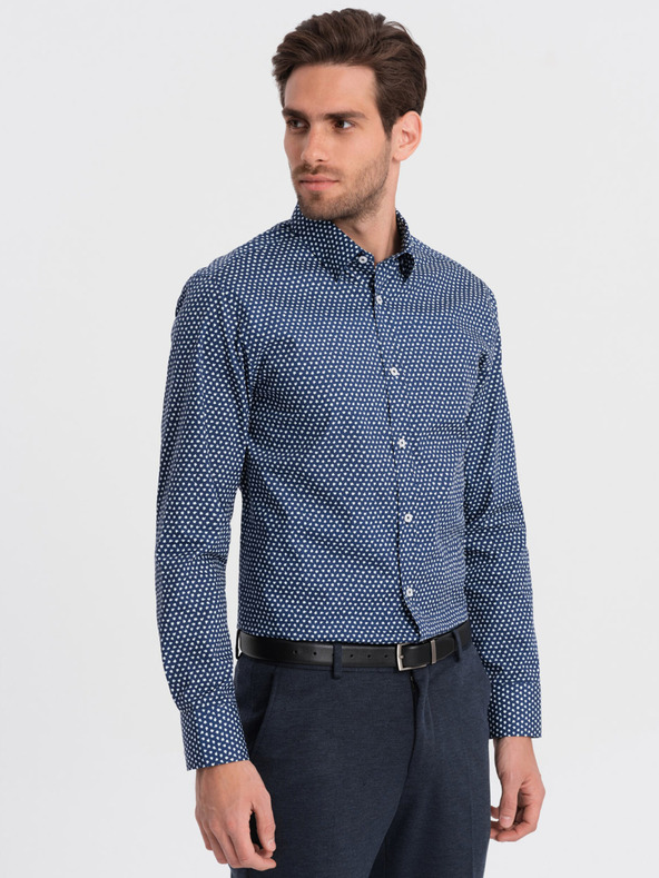 Ombre Clothing Modrá pánská vzorovaná slim fit košile Ombre Clothing