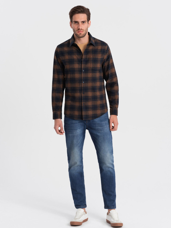 Ombre Clothing Tmavě modrá pánská kostkovaná flanelová košile Ombre Clothing