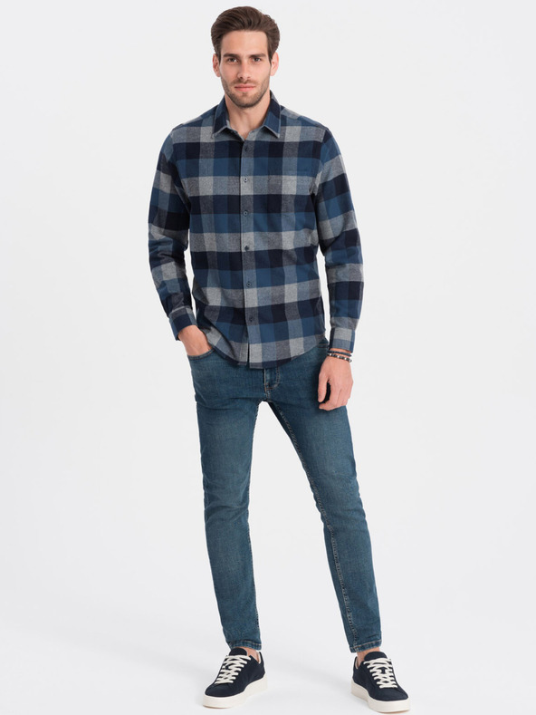 Ombre Clothing Modrá pánská kostkovaná flanelová košile Ombre Clothing