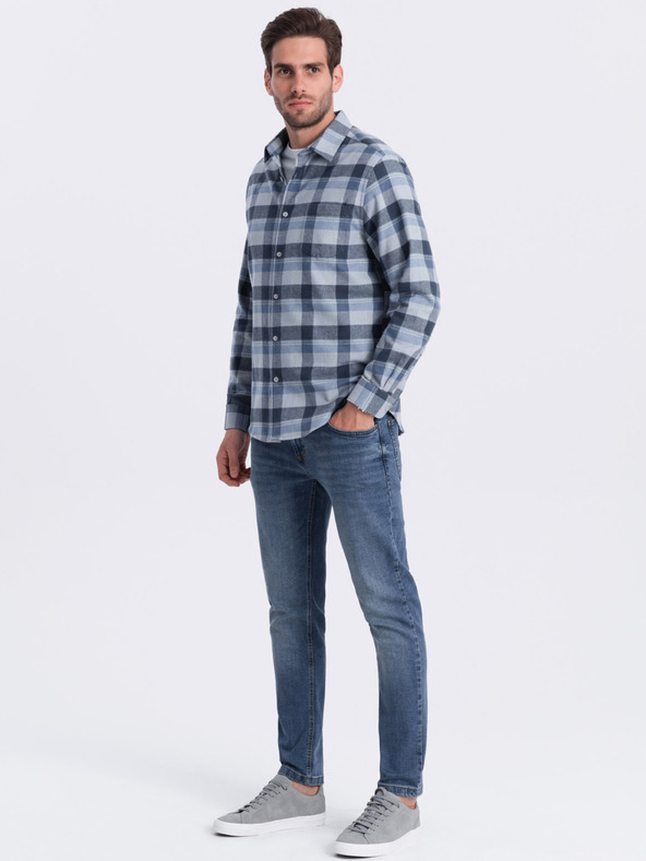 Ombre Clothing Modro-šedá pánská kostkovaná flanelová košile Ombre Clothing