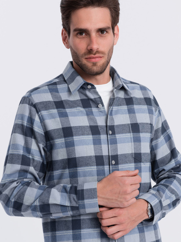 Ombre Clothing Modro-šedá pánská kostkovaná flanelová košile Ombre Clothing