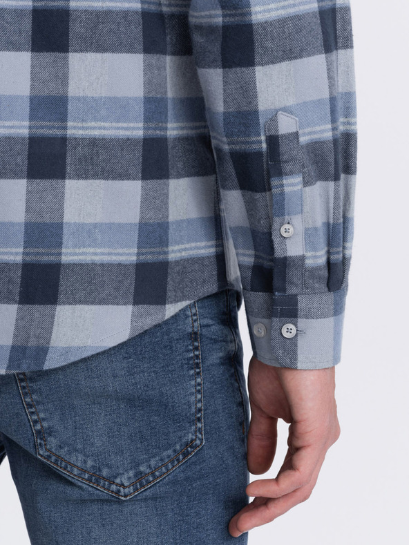 Ombre Clothing Modro-šedá pánská kostkovaná flanelová košile Ombre Clothing