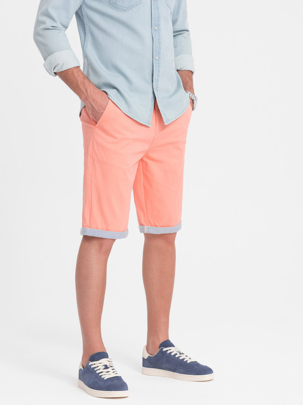 Ombre Clothing Korálové pánské chino kraťasy s džínovým lemem Ombre Clothing