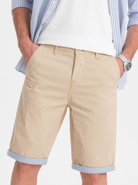 Ombre Clothing Béžové pánské chino kraťasy s džínovým lemem Ombre Clothing