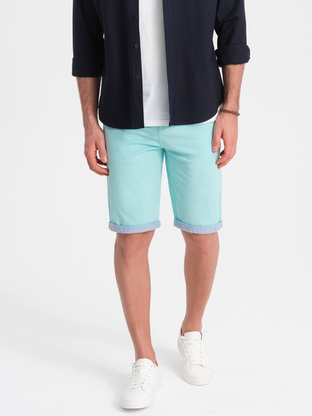Ombre Clothing Tyrkysové pánské chino kraťasy s džínovým lemem Ombre Clothing