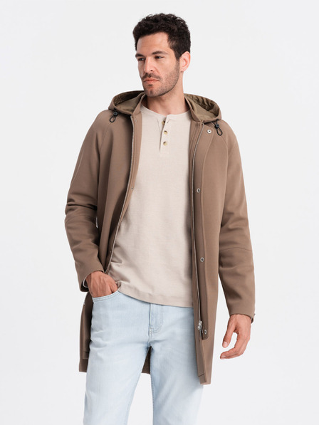 Ombre Clothing Hnědý pánský kabát s kapucí Ombre Clothing