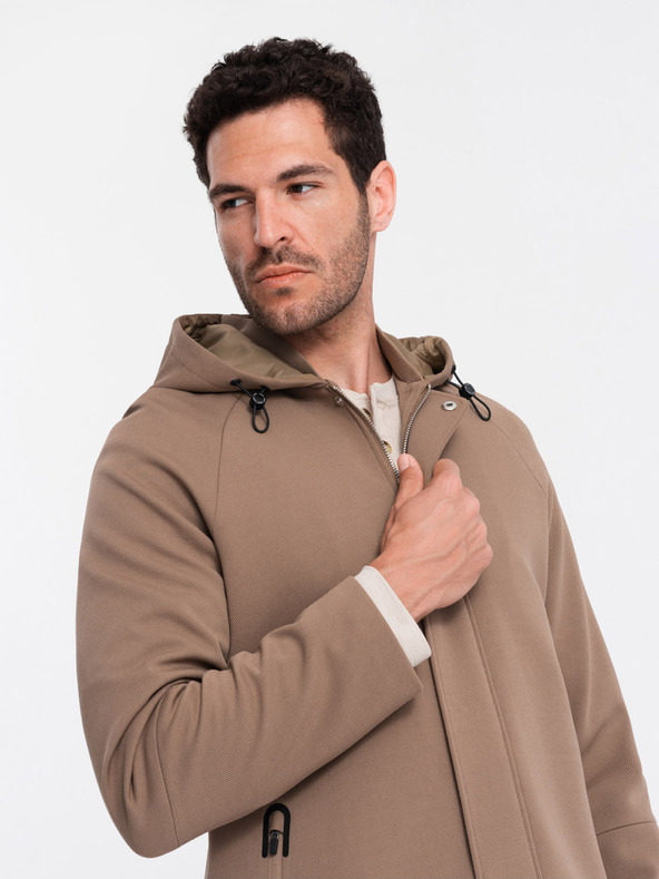 Ombre Clothing Hnědý pánský kabát s kapucí Ombre Clothing