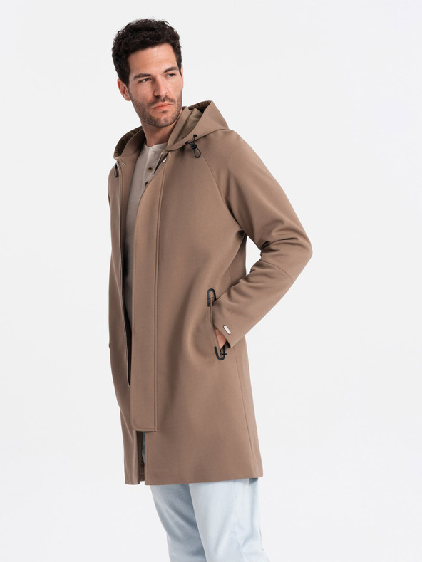 Ombre Clothing Hnědý pánský kabát s kapucí Ombre Clothing