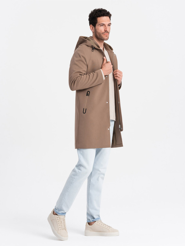 Ombre Clothing Hnědý pánský kabát s kapucí Ombre Clothing