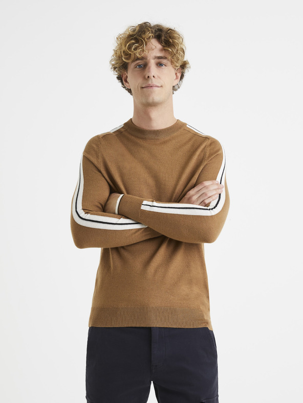 Celio Hnědý svetr s příměsí vlny Celio Veritas