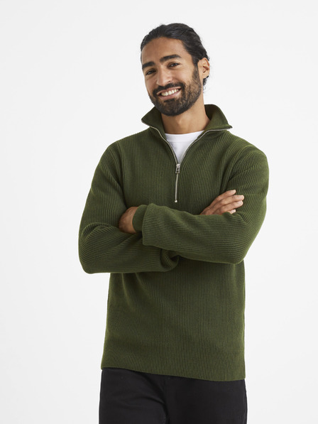 Celio Khaki pánský svetr se stojáčkem Celio