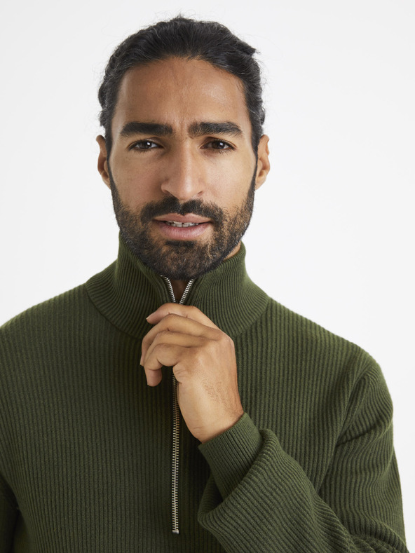 Celio Khaki pánský svetr se stojáčkem Celio