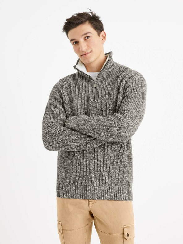 Celio Bílo-šedý pánský žíhaný svetr Celio Veviking