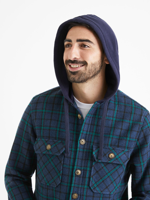 Celio Zeleno-modrá pánská kostkovaná košile s kapucí Celio Valines