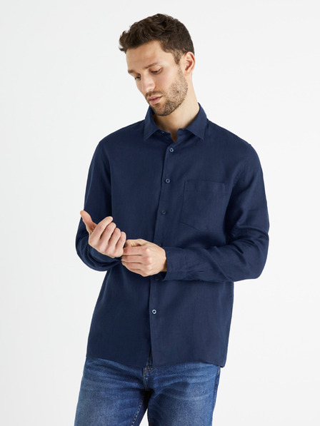 Celio Tmavě modrá pánská lněná košile Celio Baflax