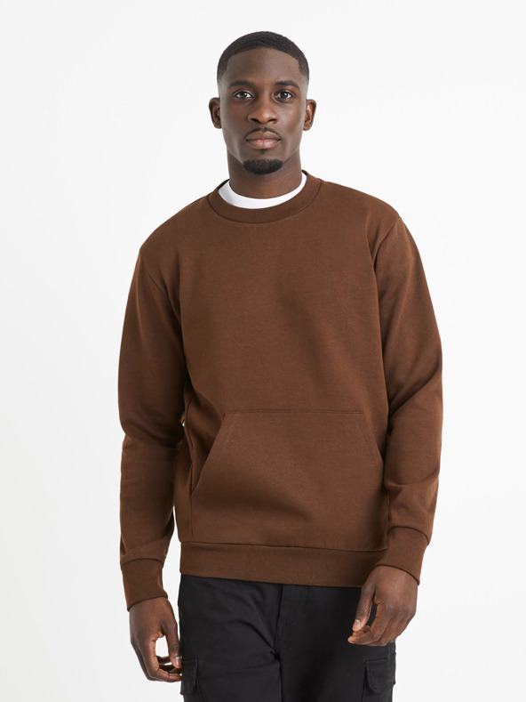 Celio Hnědá pánská basic mikina Celio Vepocho