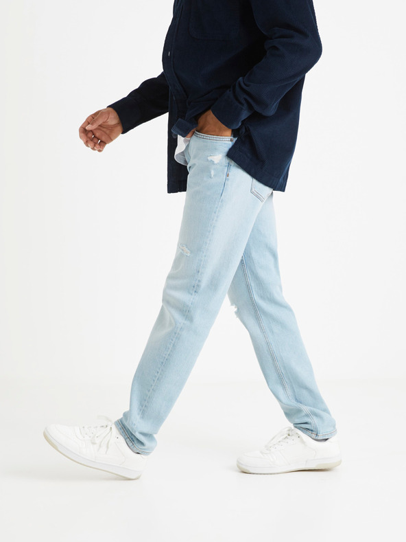 Celio Světle modré pánské straight fit džíny s potrhaným efektem Celio Vomarble