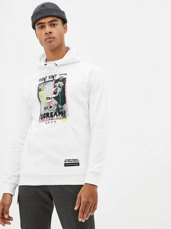 Celio Bílá pánská mikina s kapucí Celio Taste of fear