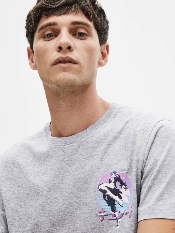 Celio Světle šedé pánské tričko s potiskem Celio Street Fighter