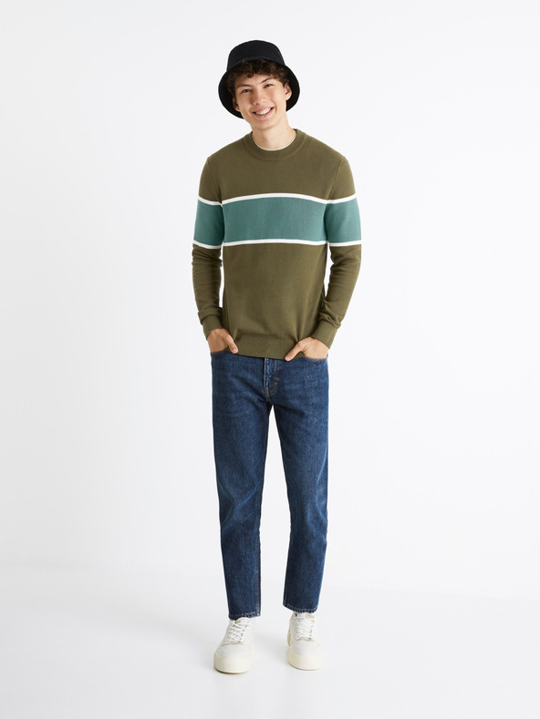 Celio Khaki pánský svetr s pruhem Celio