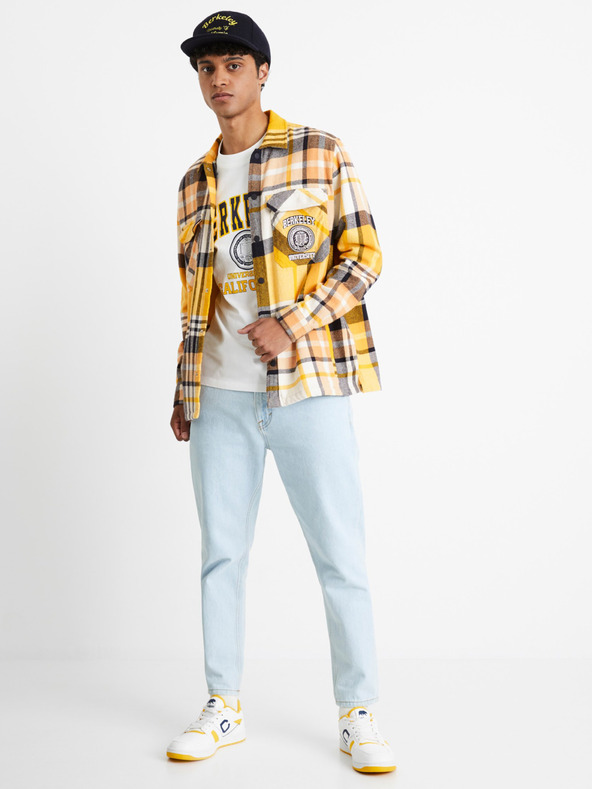 Celio Šedo-žlutá pánská kostkovaná košilová bunda Celio Berkeley university