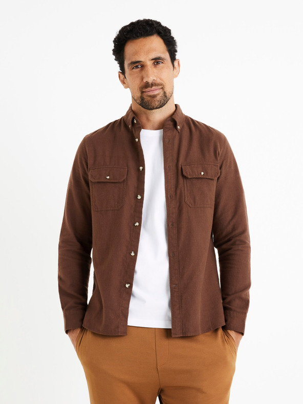 Celio Hnědá pánská flanelová košile Celio Caoflacko