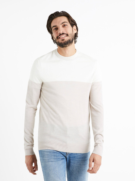 Celio Bílo-béžový pánský svetr s příměsí Merino vlny Celio Cemeribloc