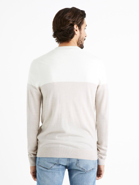 Celio Bílo-béžový pánský svetr s příměsí Merino vlny Celio Cemeribloc