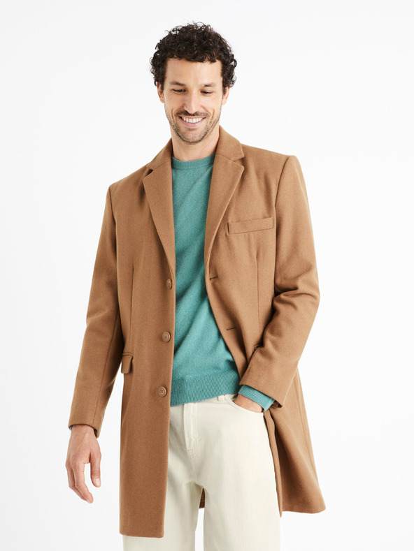 Celio Hnědý pánský vlněný kabát Celio Cubello