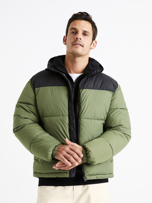 Celio Černo-zelená pánská prošívaná zimní bunda Celio Cutrek