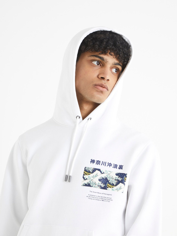 Celio Bílá mikina s kapucí  Celio Hokusai