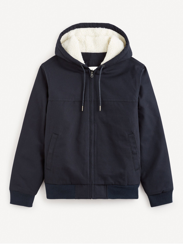 Celio Tmavě modrá pánská bunda s umělým kožíškem Celio Fuhoodie