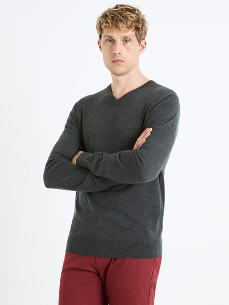 Celio Tmavě šedý pánský vlněný svetr Celio Semeriv