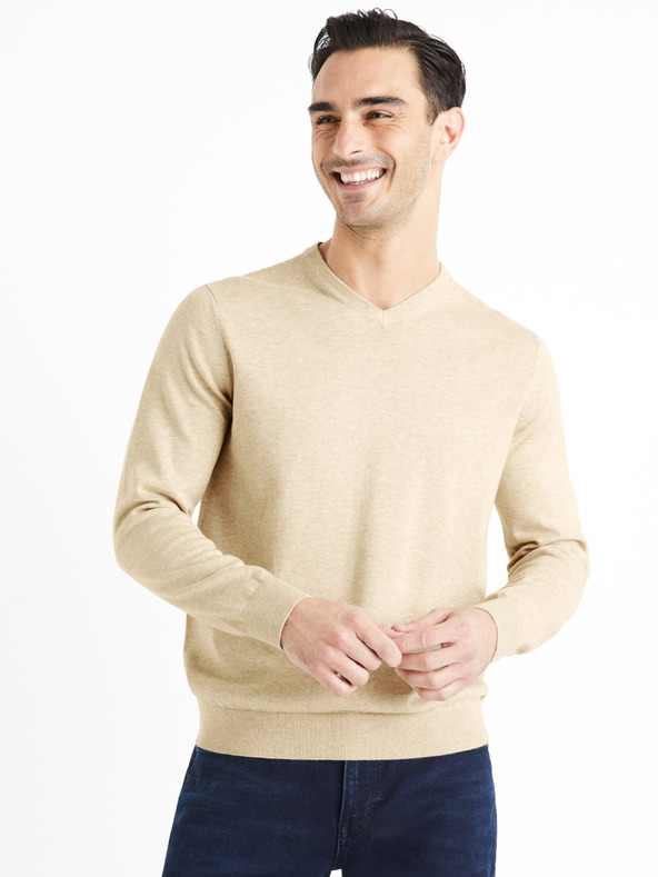 Celio Béžový pánský basic svetr Celio Decotonv