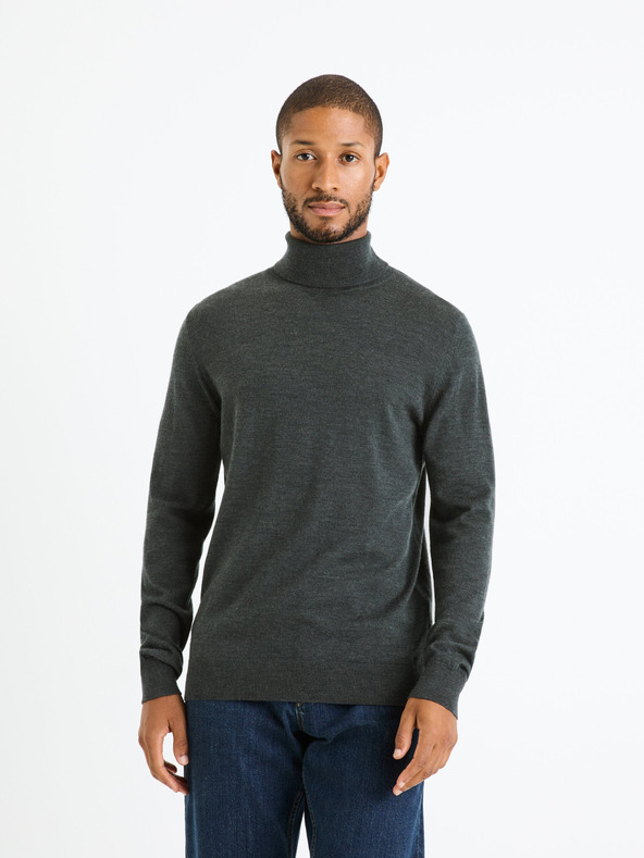 Celio Tmavé šedý pánský basic svetr s rolákem Celio Menos
