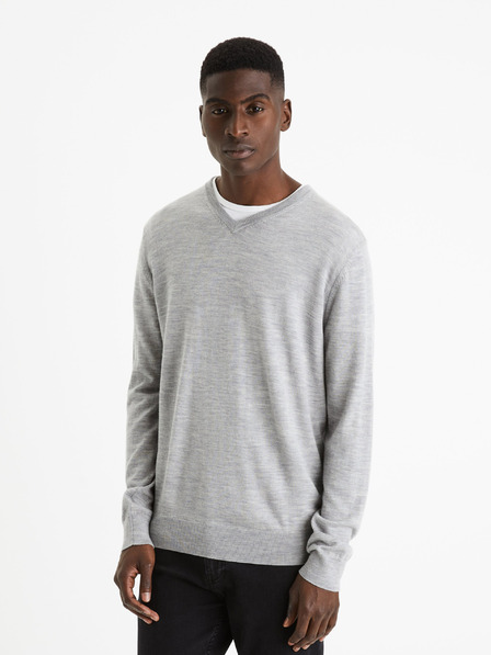 Celio Šedý pánský basic svetr z merino vlny Celio Semeriv
