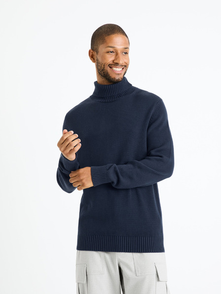 Celio Tmavě modrý pánský basic svetr s rolákem Celio Febasico