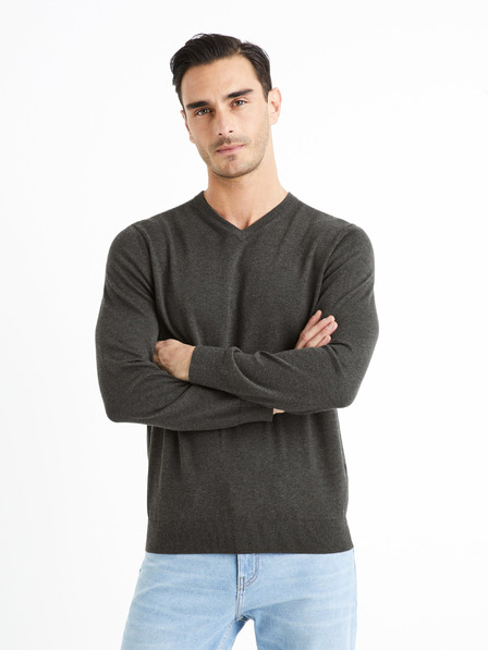 Celio Tmavě šedý pánský basic svetr Celio Decotonv