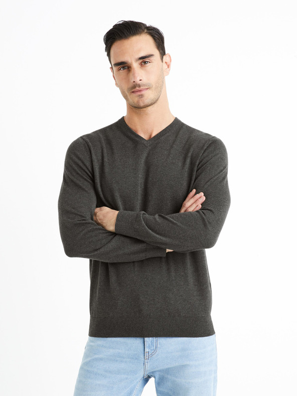 Celio Tmavě šedý pánský basic svetr Celio Decotonv