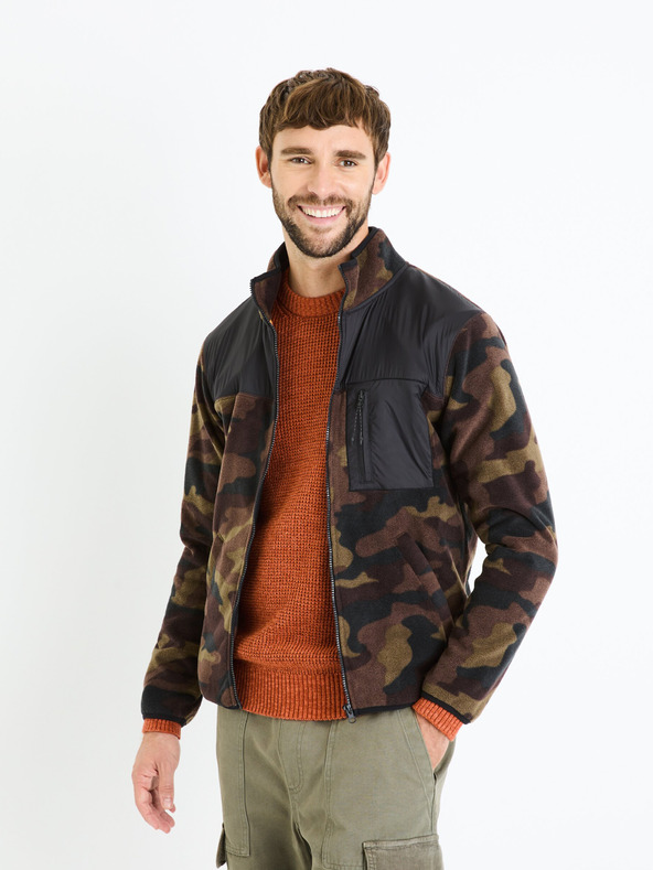 Celio Hnědá pánská army mikina na zip Celio Fecamo