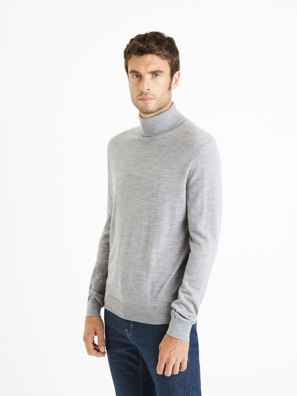 Celio Světle šedý pánský basic svetr s rolákem Celio Menos