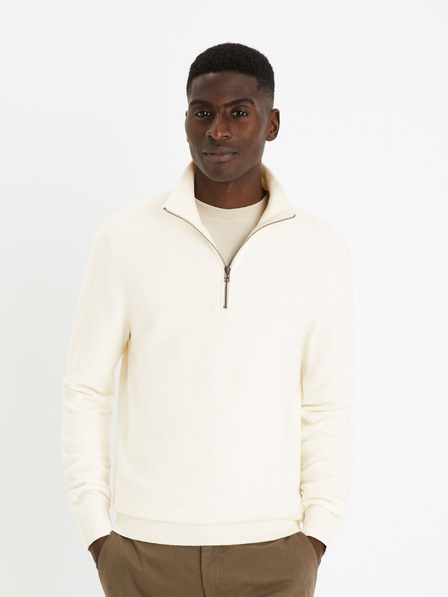 Celio Krémový pánský basic svetr s límcem Felinodek