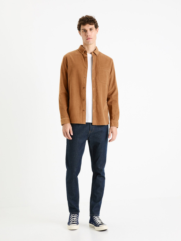 Celio Hnědá pánská manšestrová košile Celio Faduroy