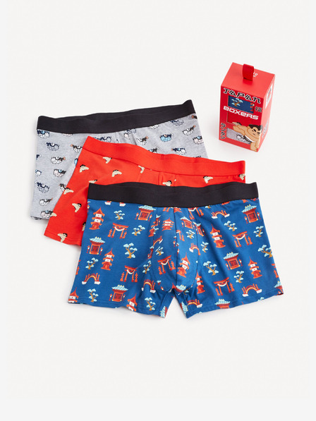 Celio Sada tří pánských boxerek v šedé, modré a červené barvě Celio