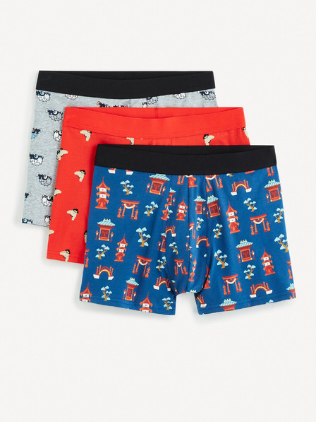 Celio Sada tří pánských boxerek v šedé, modré a červené barvě Celio