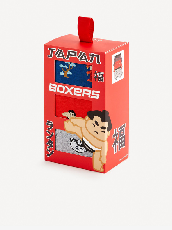 Celio Sada tří pánských boxerek v šedé, modré a červené barvě Celio